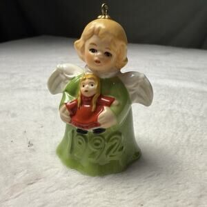 Vtg 1992 Goebel Angel holding doll porcelain Bell Ornament Germany Green Dress